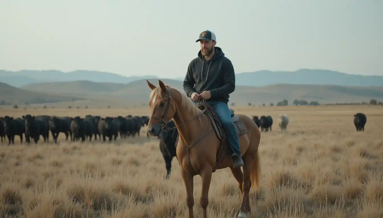 Cowboy riding a tan horse across open grassy prairie
