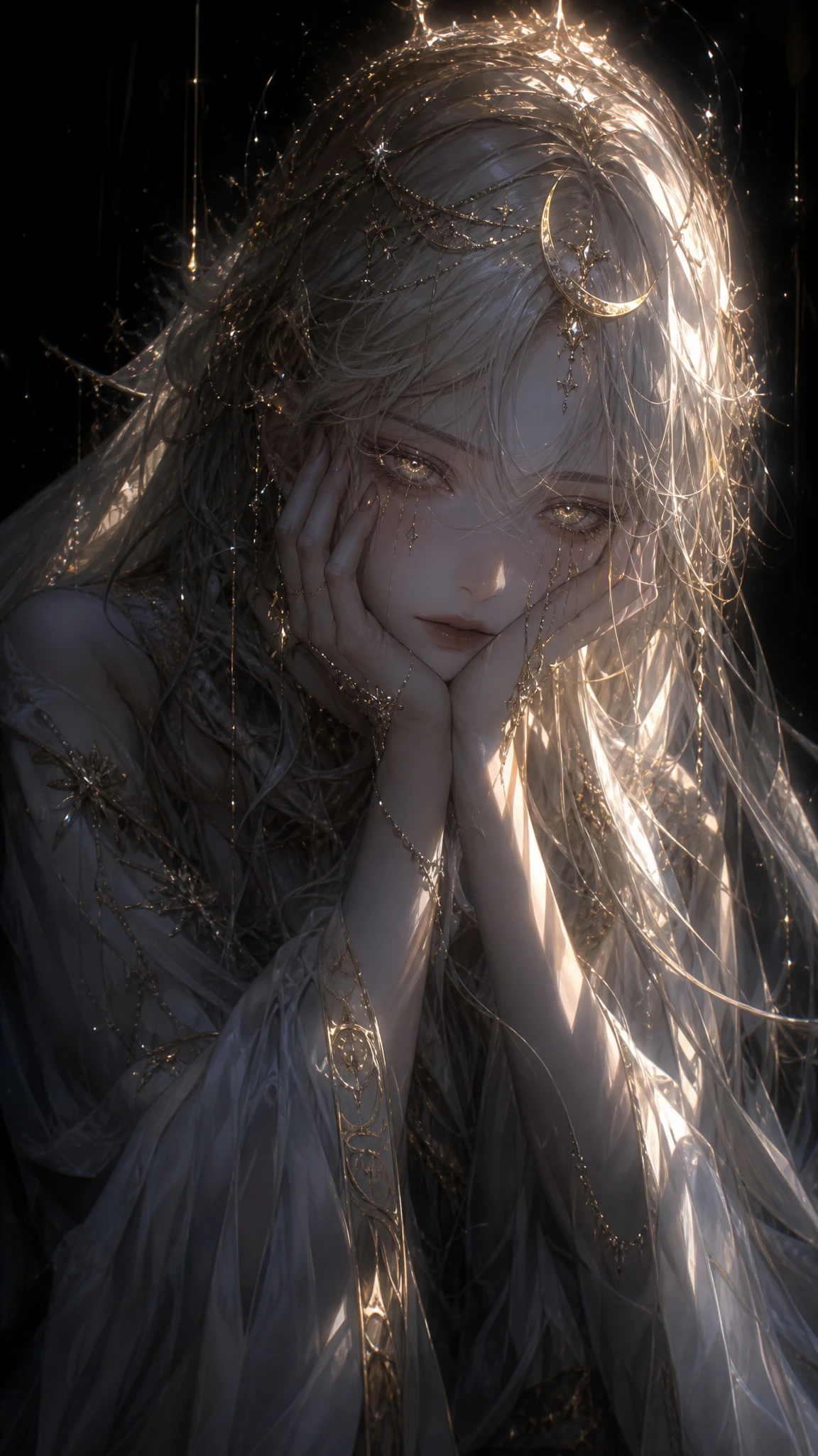 Melancholic girl with glowing hair in a dark fantasy aura