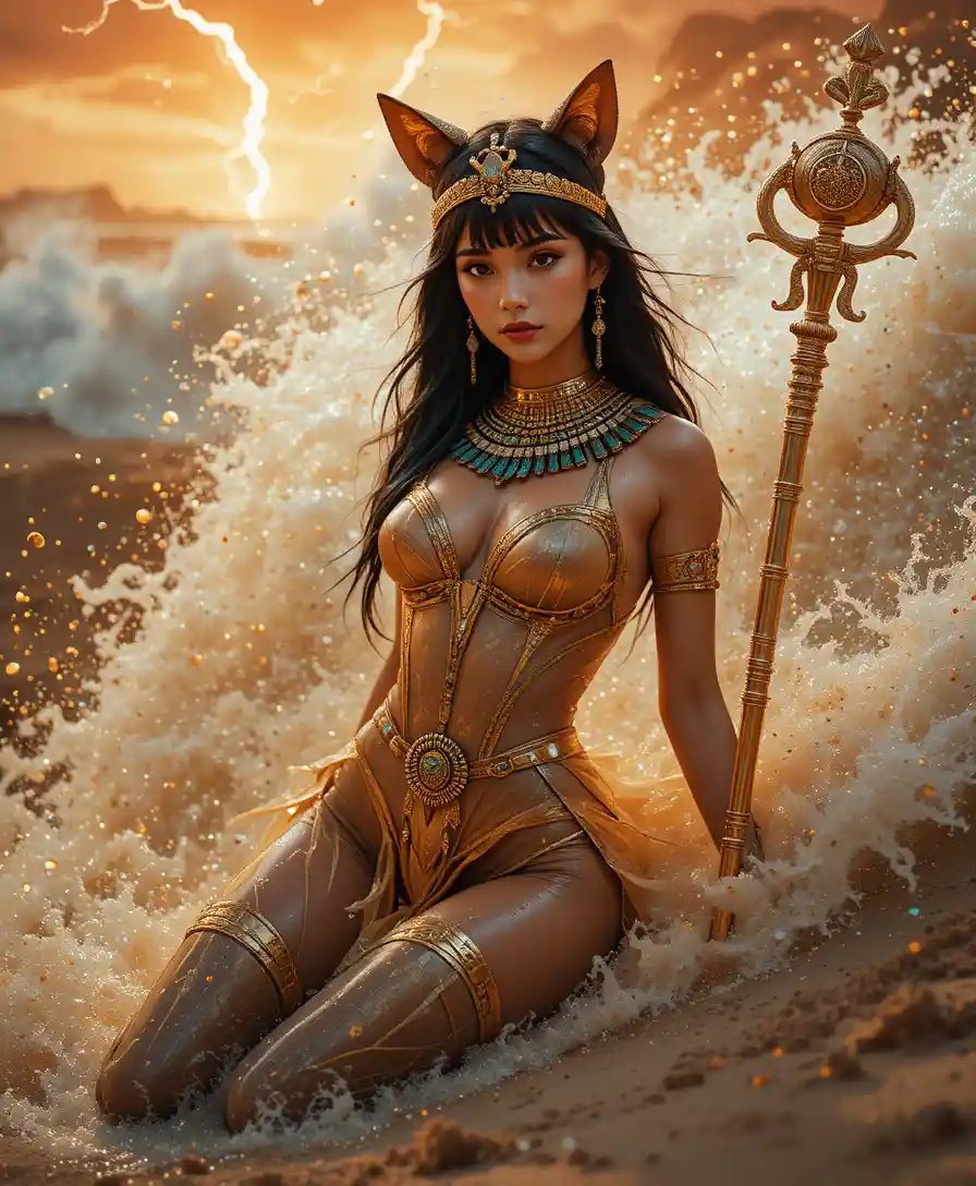 Cinematic egyptian queen in a raging desert sandstorm