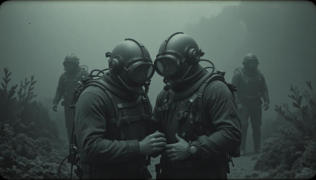 Three vintage deep sea divers in murky underwater darkness