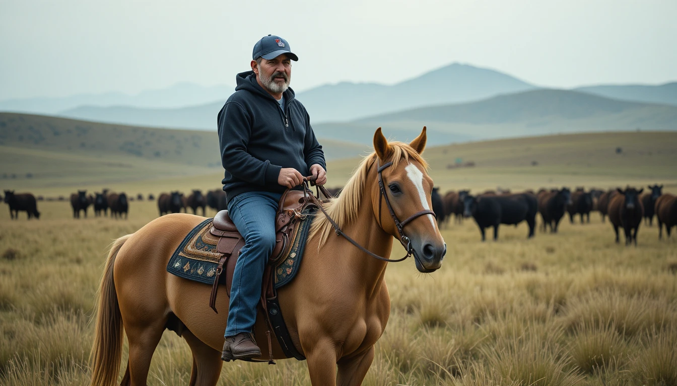 Cowboy riding a tan horse across open grassy ranch land