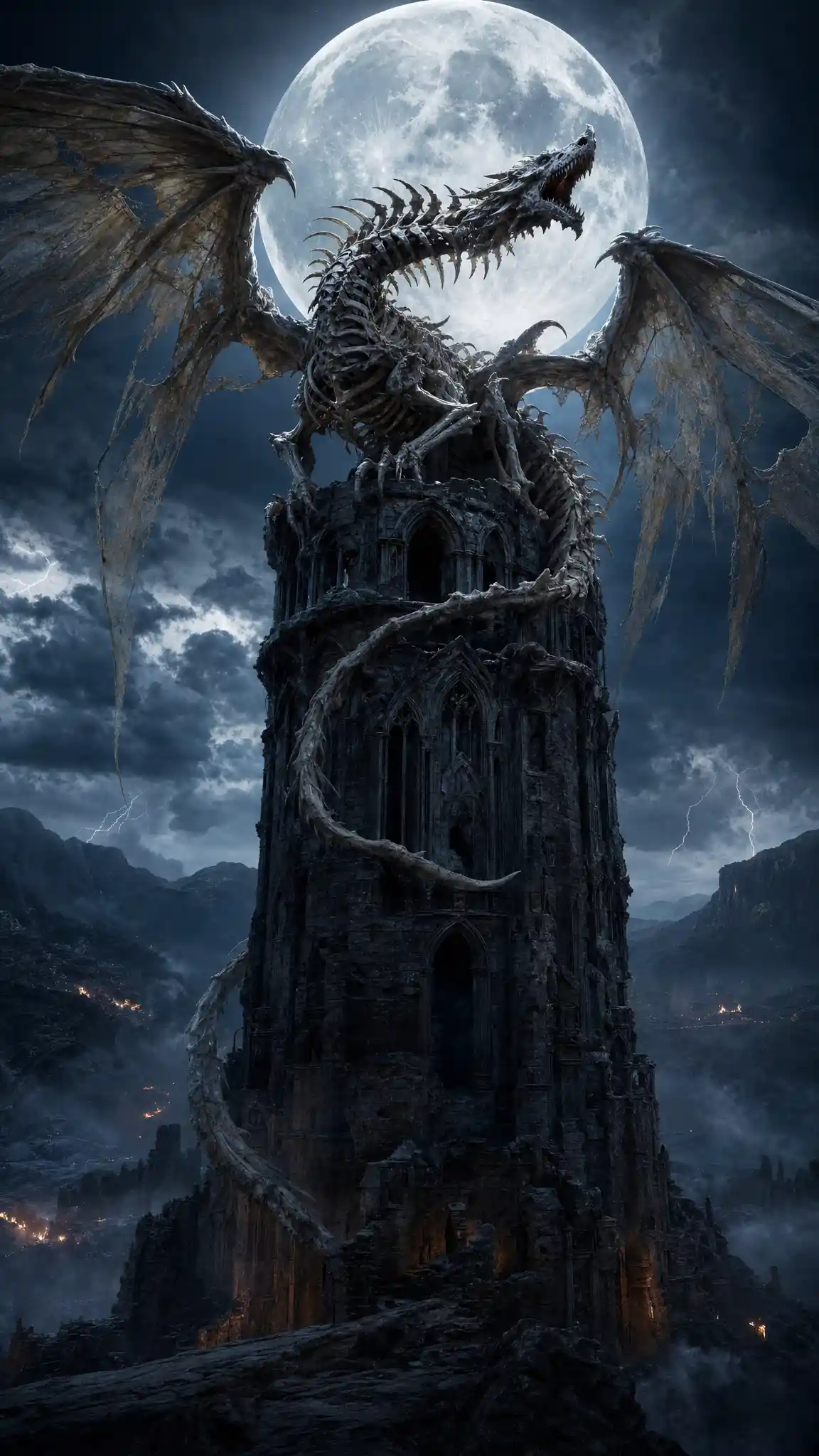 Skeletal dragon towering over a ruined gothic tower at night