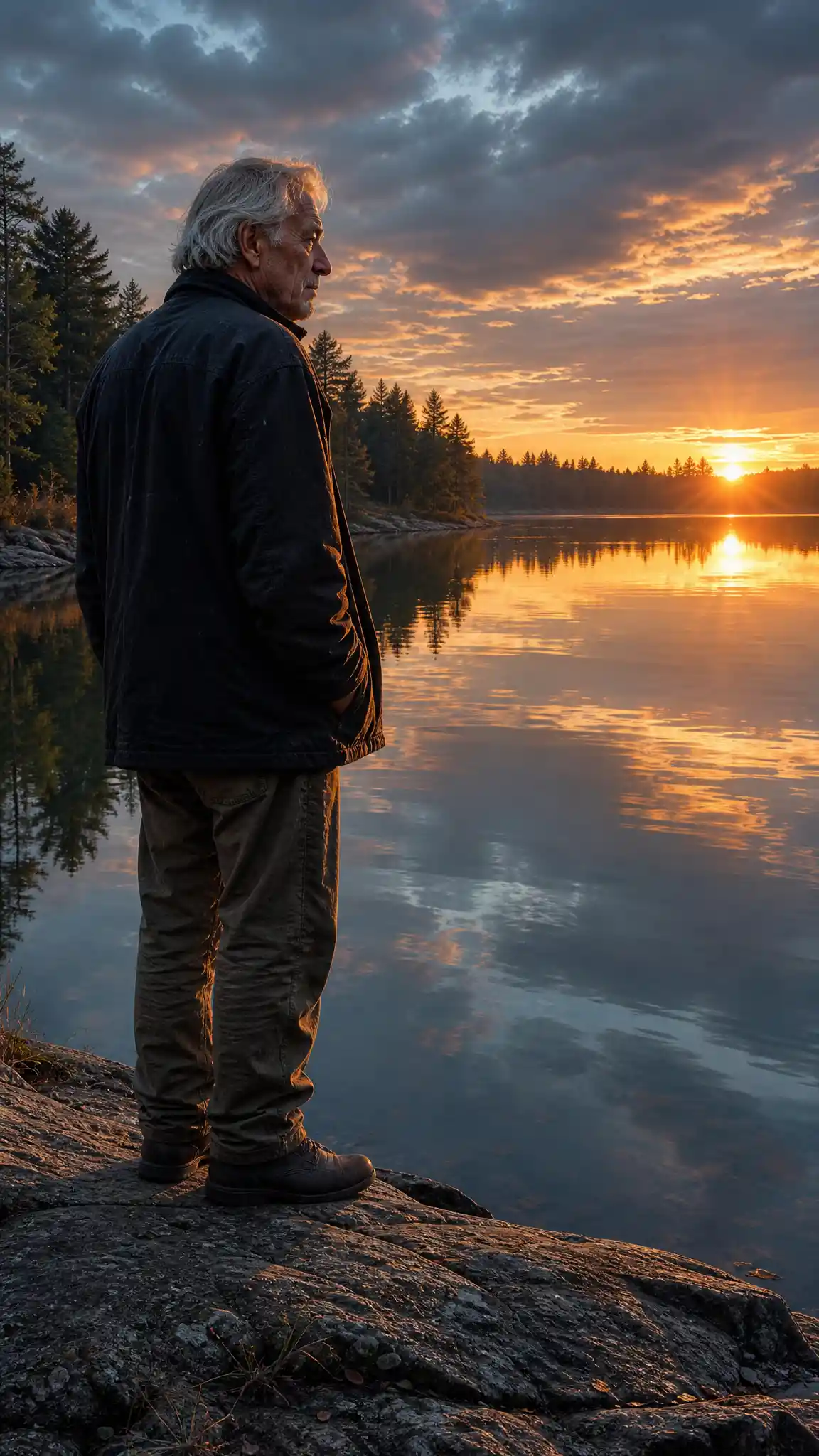 Anziano al tramonto in piedi accanto a un lago calmo e riflettente