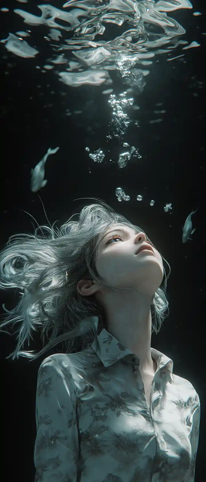 Ethereal anime woman glowing in dark underwater void