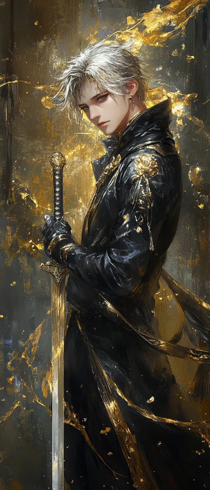 Melancholic swordsman with silvery gold hair in full view