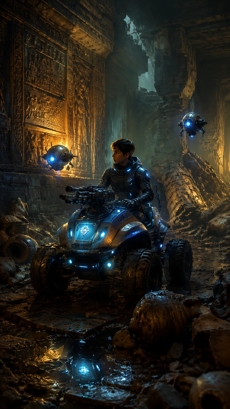 Boy Riding High Tech Rover Through Ancient Dungeon