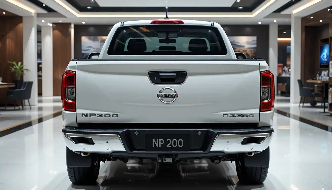 White pickup truck rear view in luxury car showroom