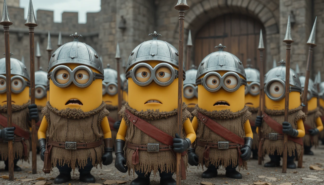 Minion soldiers in formation in a medieval castle courtyard