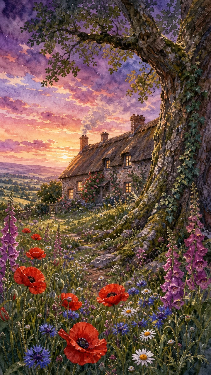 Cabaña en acuarela al crepúsculo en un prado inglés de flores silvestres