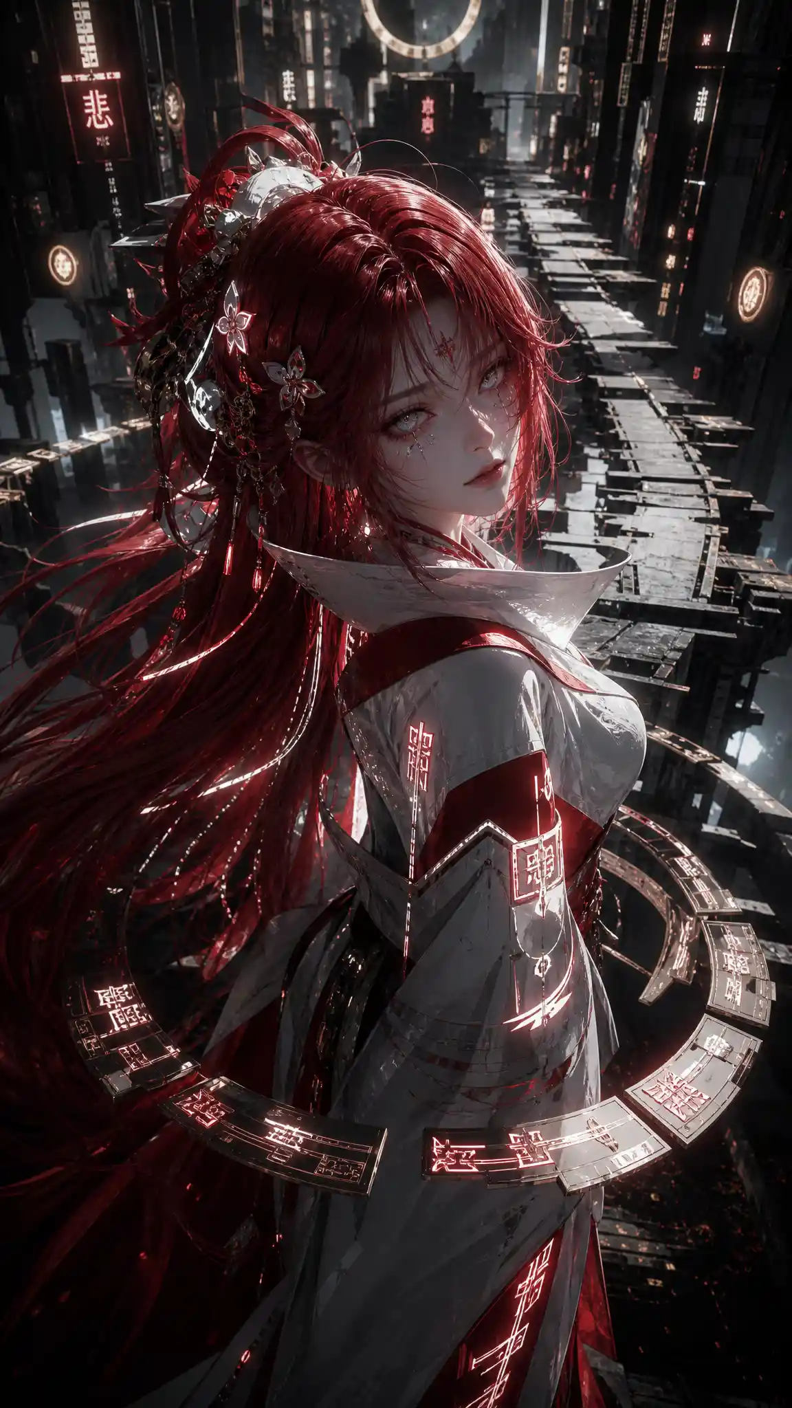 Donna anime cyberpunk su un sentiero futuristico luminoso