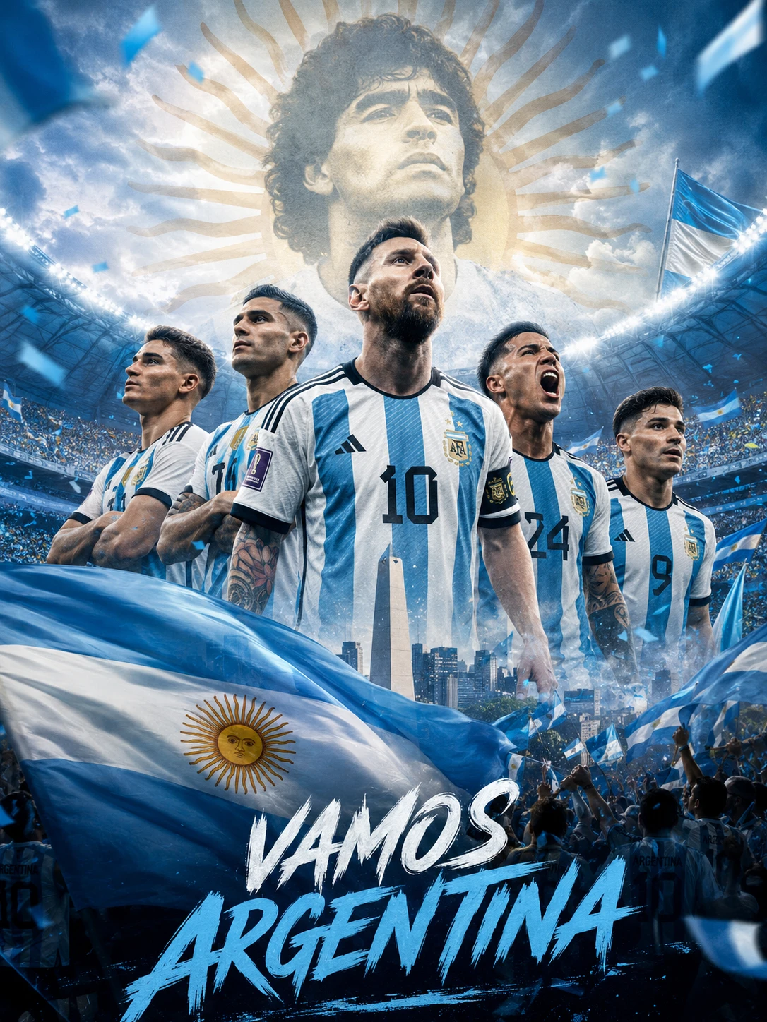 Argentina football squad posing with bold stadium backdrop