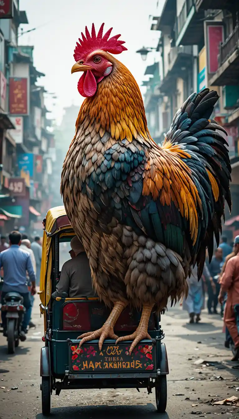 Pakistani rickshaw driver beside a giant chicken in Lahore street