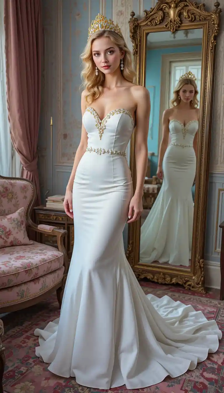 Bride in a flowing romantic dress standing in bedroom mirror