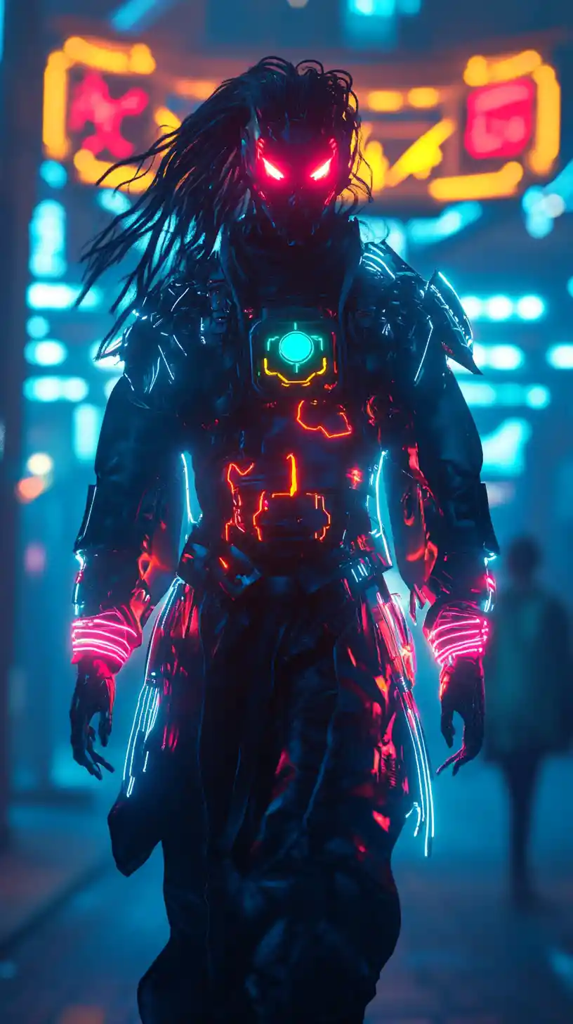 Anime revenant woman with neon eyes at blurred shrine