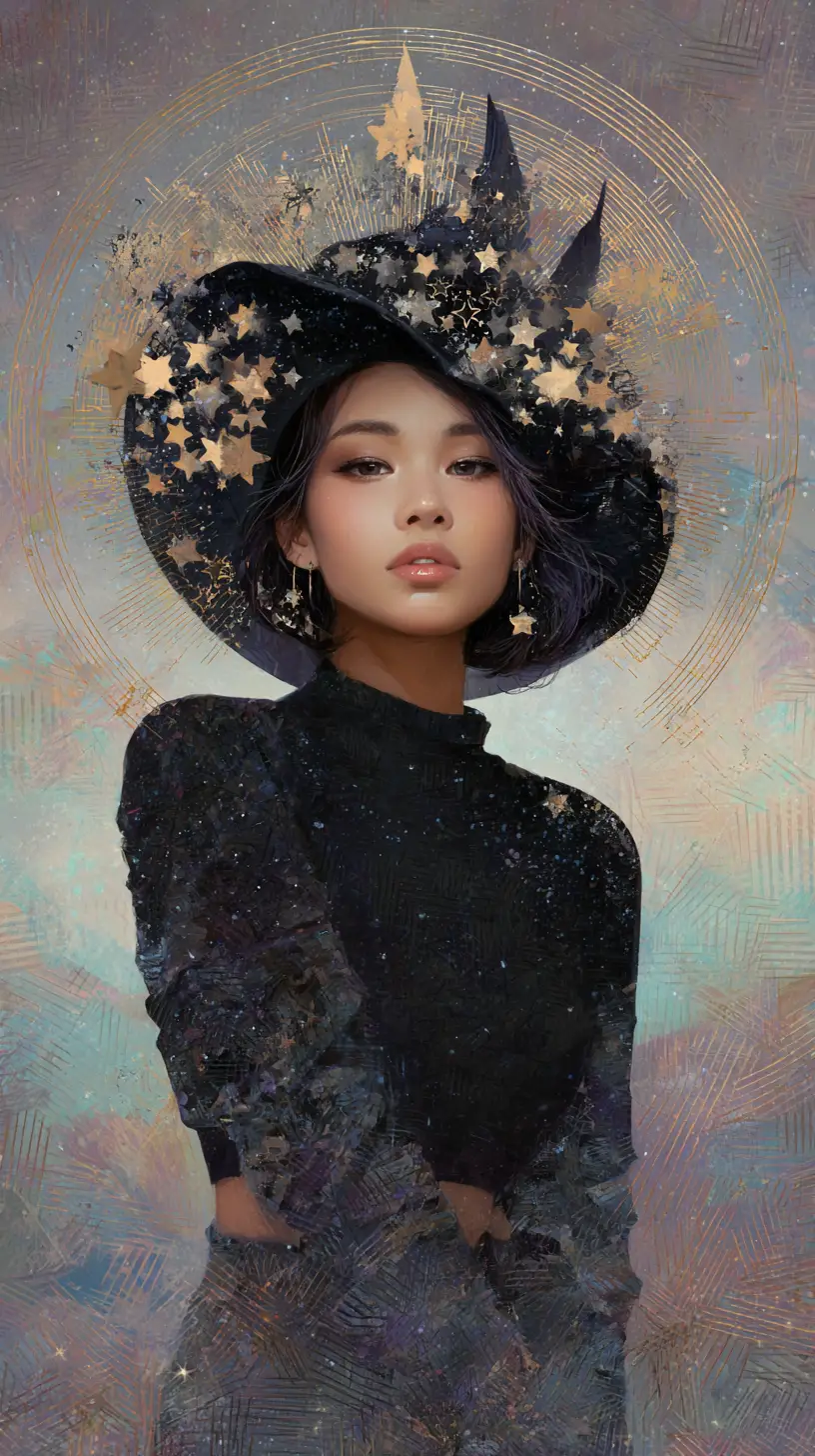 Mystical fairy in celestial hat and modern streetwear