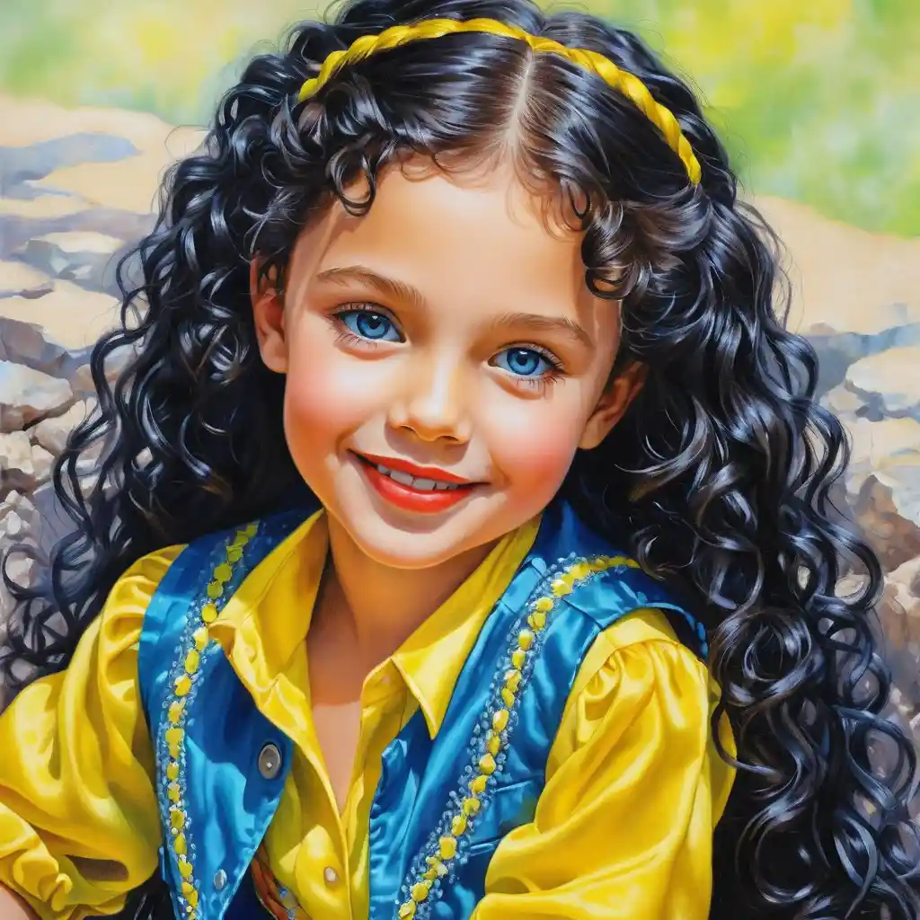 Smiling Girl With Long Curly Hair In Neon Yellow Blouse