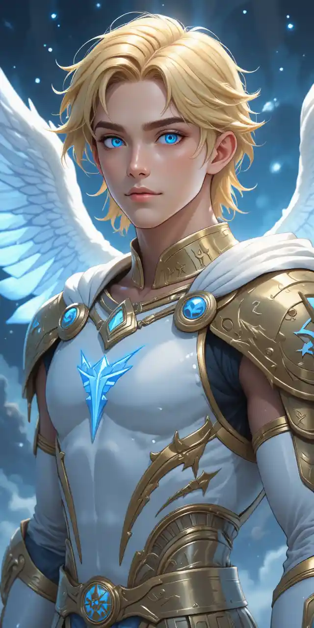 Angelic warrior man with golden runes and white wings