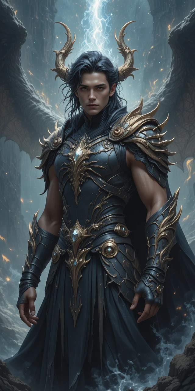 Muscular dragon horned warrior in black and gold armor