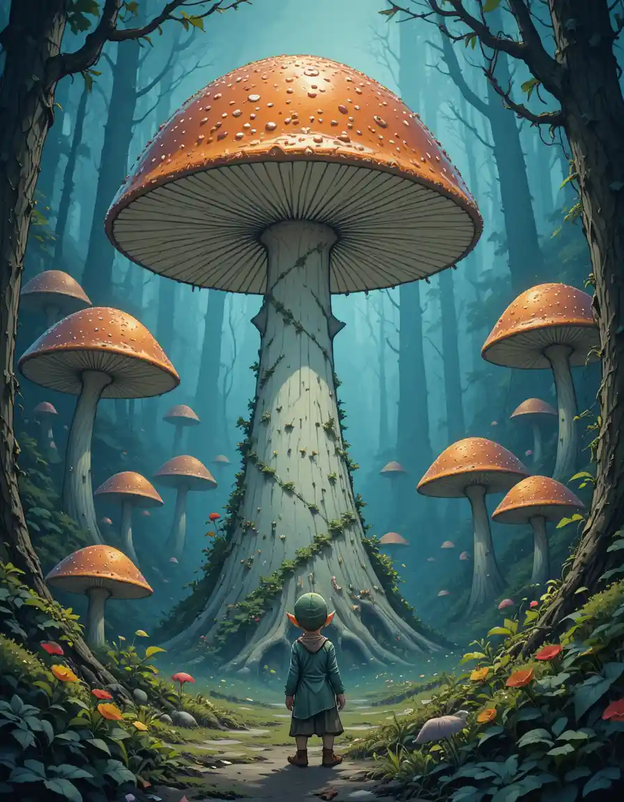 Small elf gazing up at giant forest mushroom