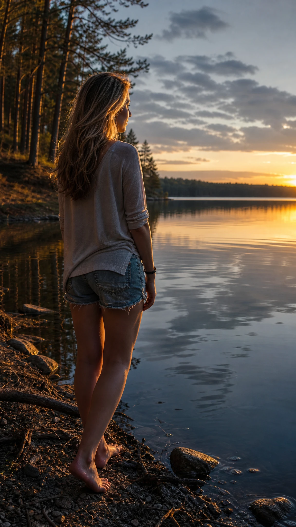 Young woman at lakeside in warm sunset backlight