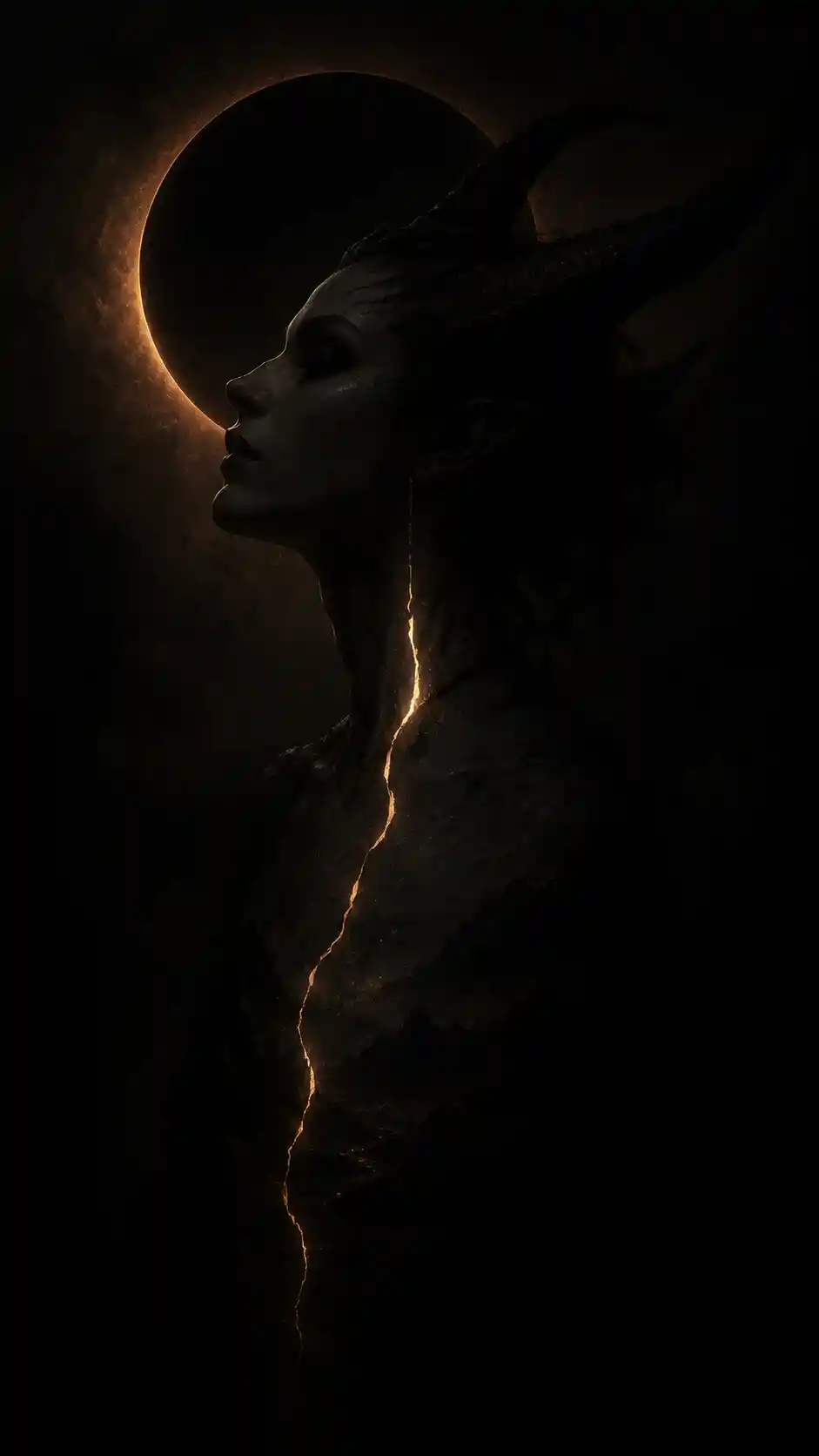 Horned fantasy woman in profile with subtle glowing river line