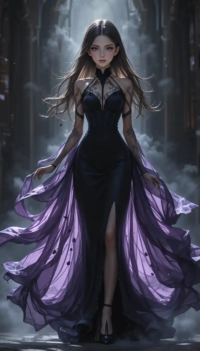 Dark anime spirit girl wrapped in flowing shadowy veils