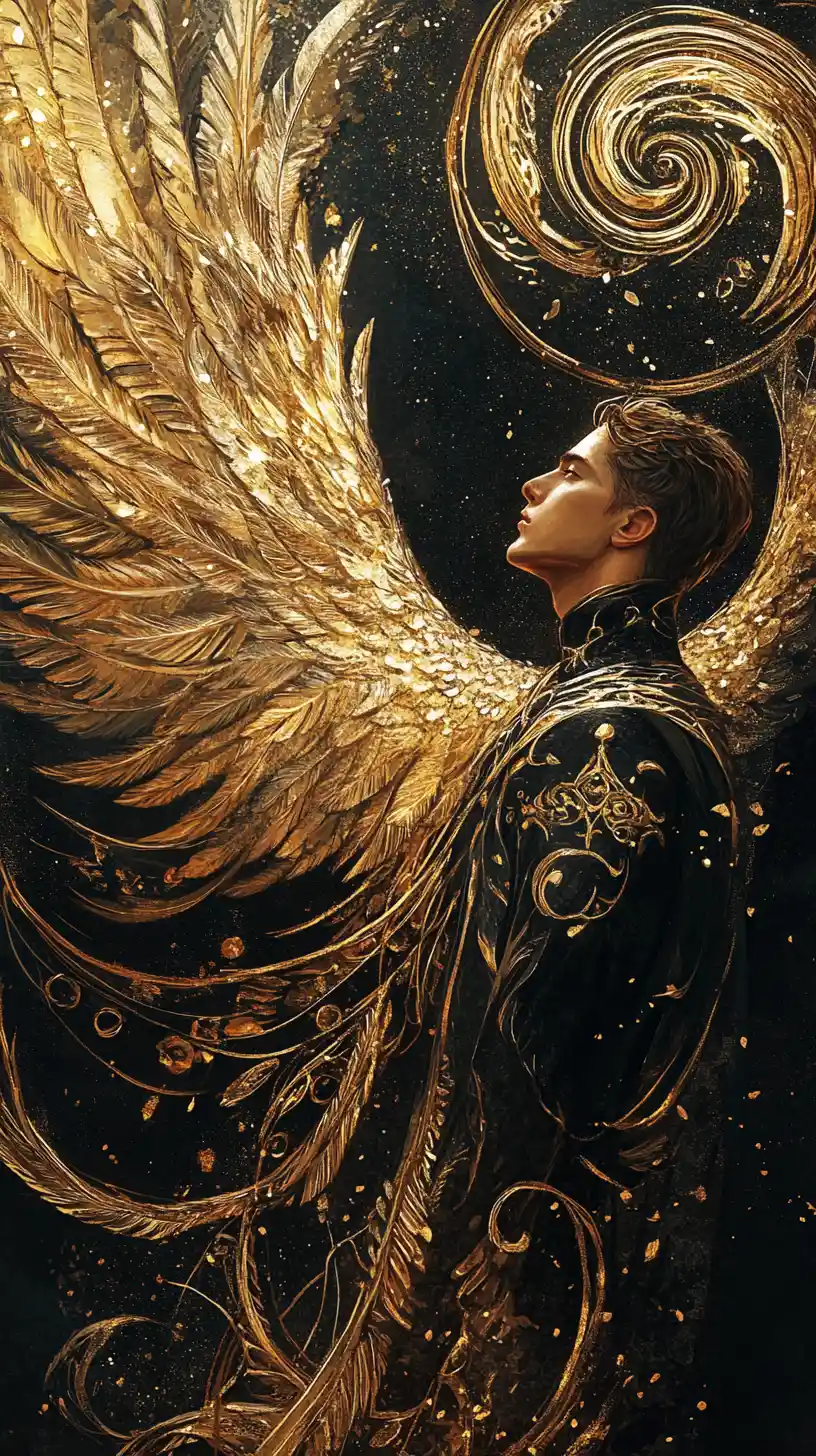 Regal figure with golden eagle in swirling celestial filigree