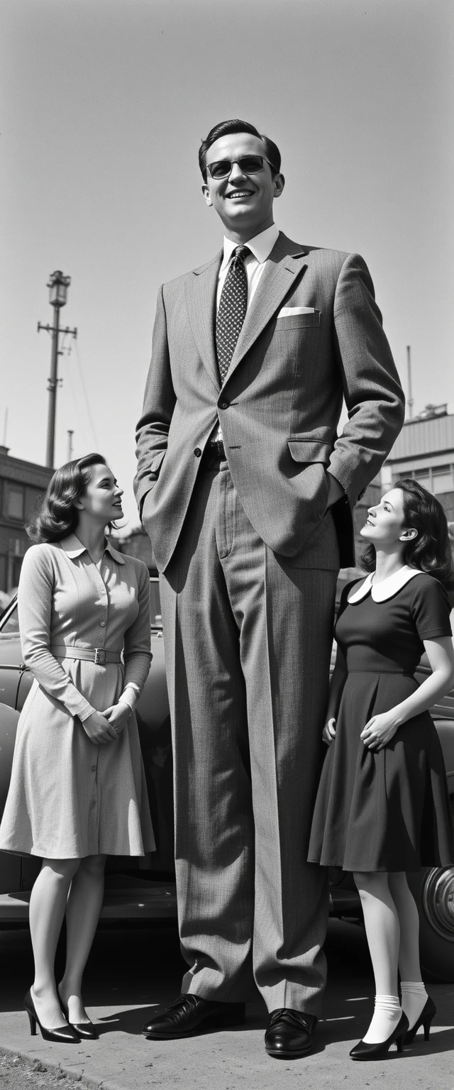 Very tall man smiling beside two women and a car