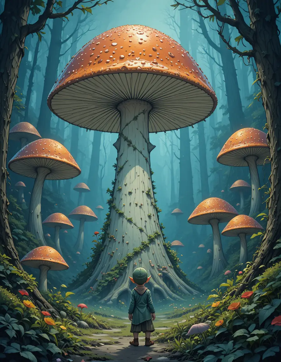 Small elf gazing up at giant forest mushroom