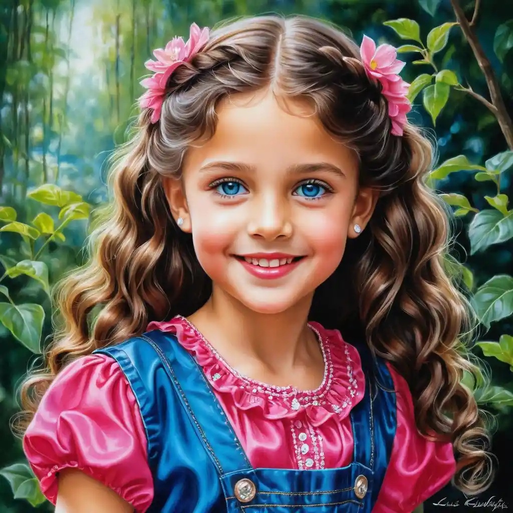 Smiling girl with long braided hair in pink satin blouse