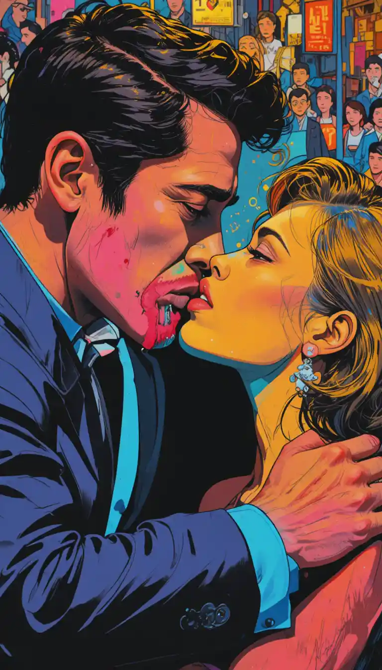 Passionate kiss shared by a couple in a public celebration
