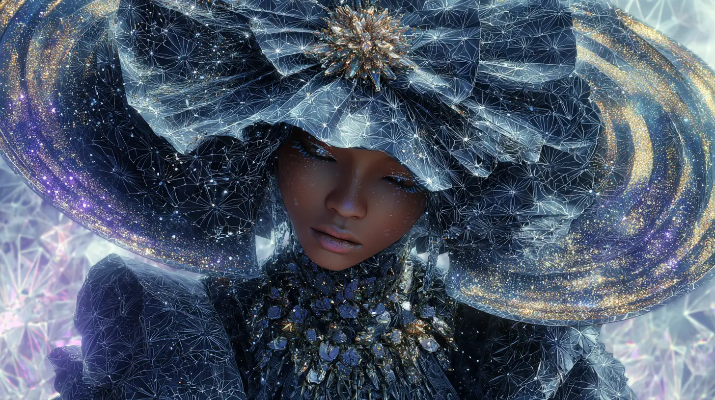 Mystical witch in celestial hat and layered urban garments