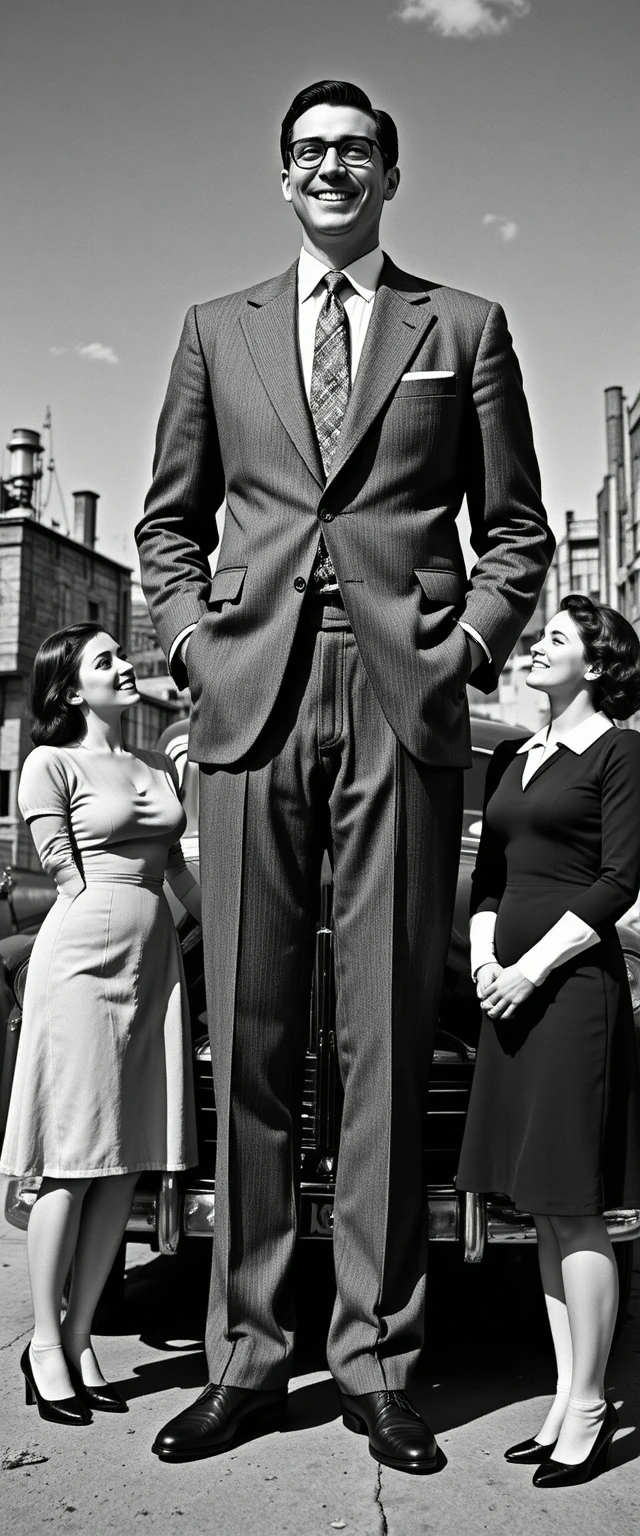 Very tall man smiling beside two women and a vintage car