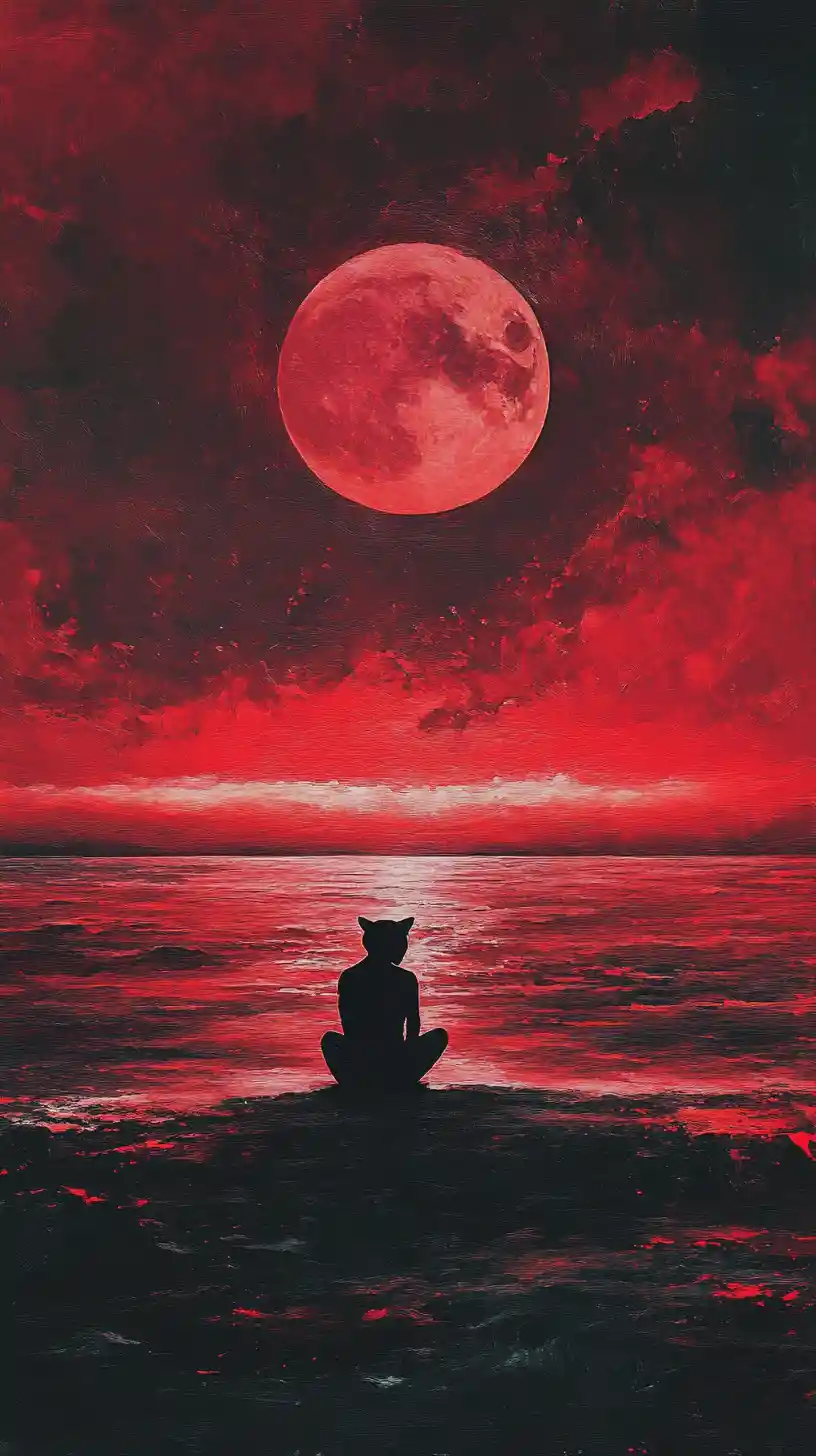 Black panther by a vast ocean under a red sky