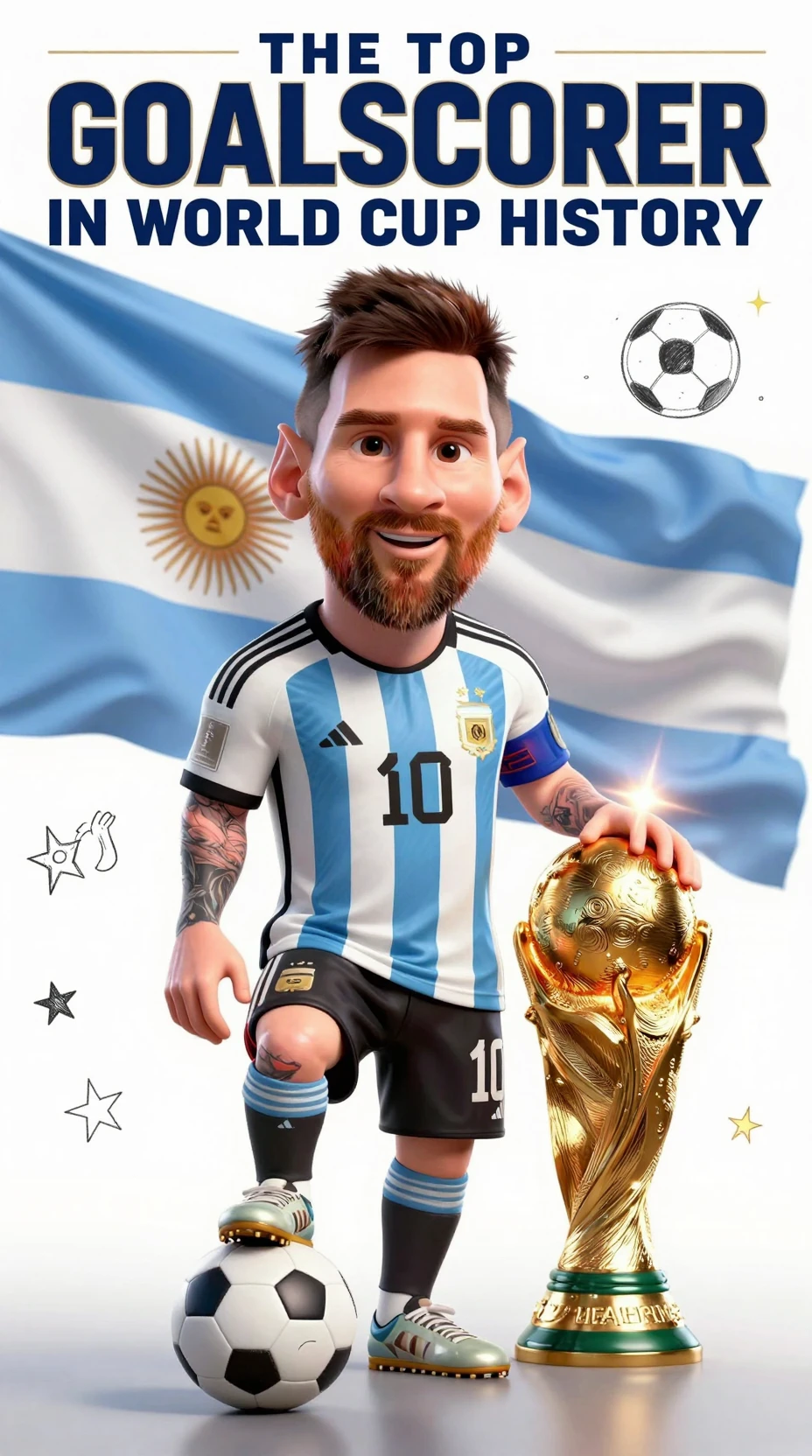 Caricature soccer legend with bold title typography
