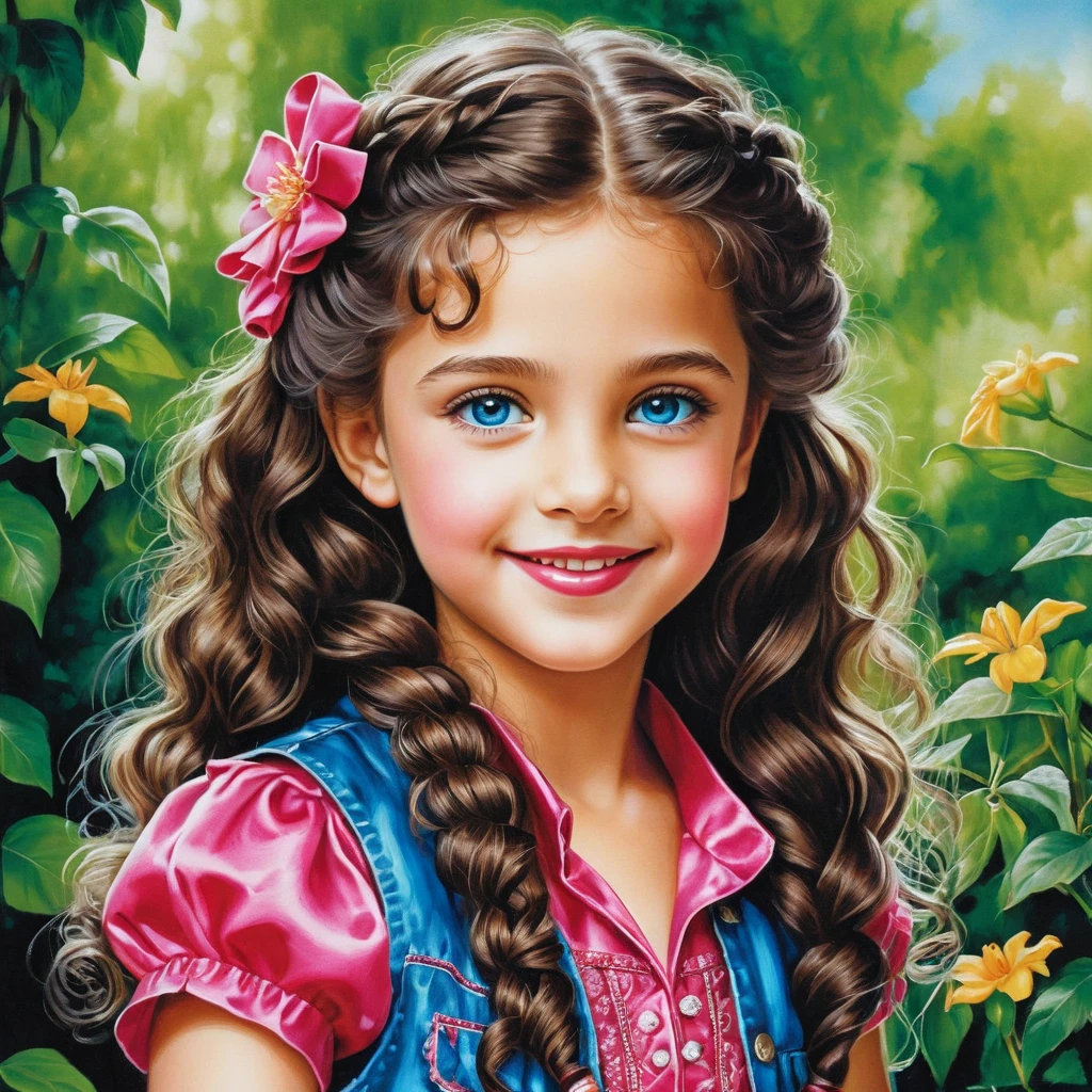 Smiling girl with long braided hair in pink satin blouse