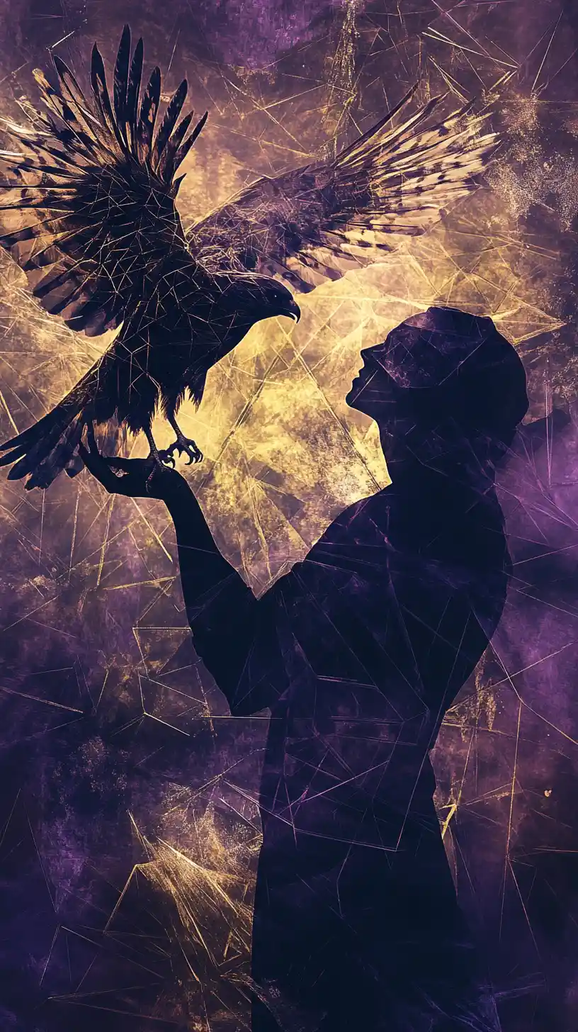 Woman holding falcon with crystalline geometric wings