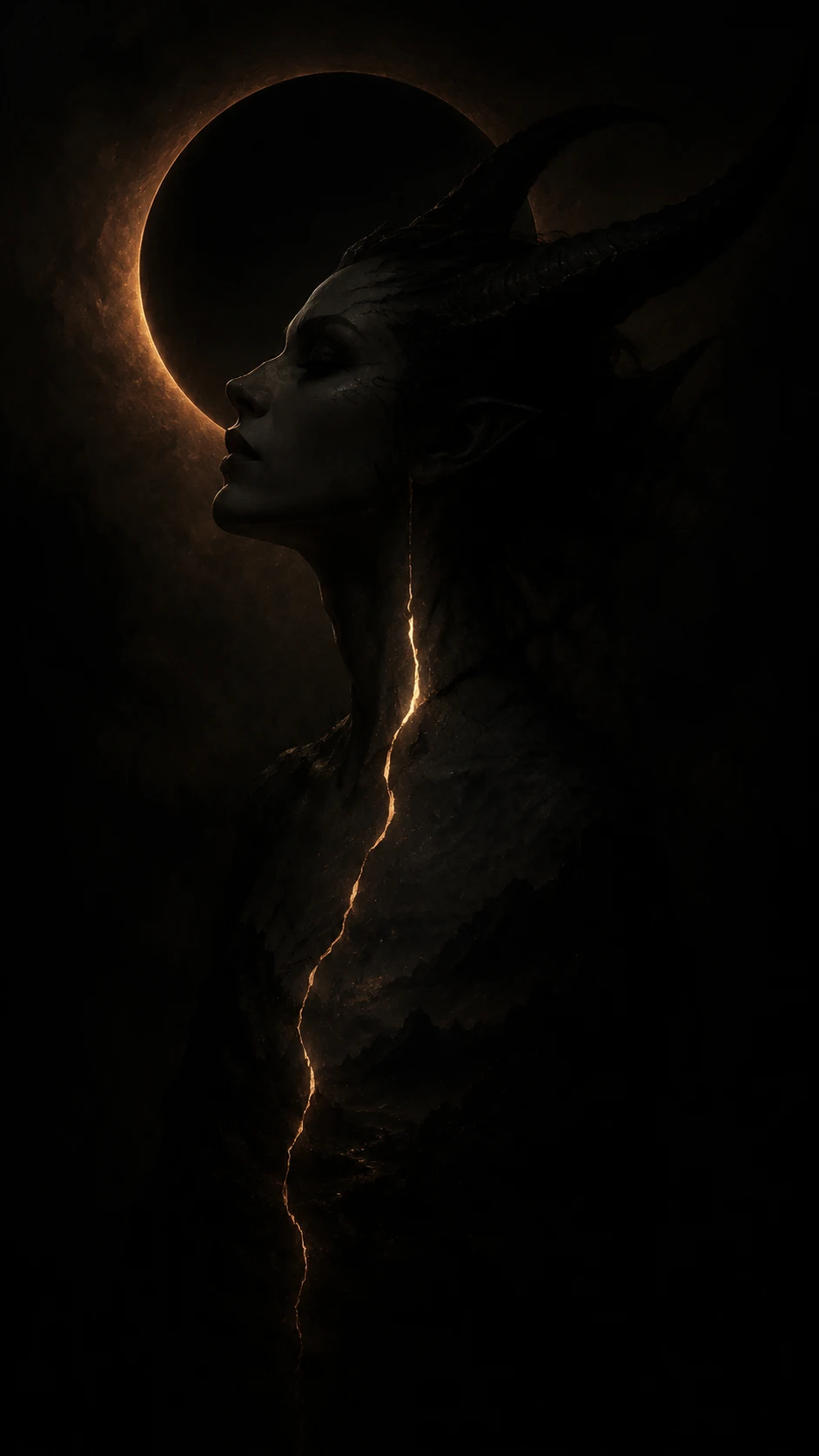 Horned fantasy woman in profile with subtle glowing river line