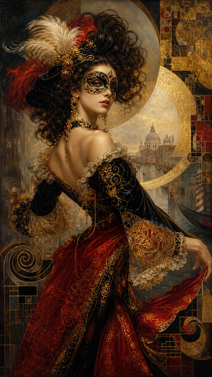Masked Italian woman dancing in surreal fantasy painting