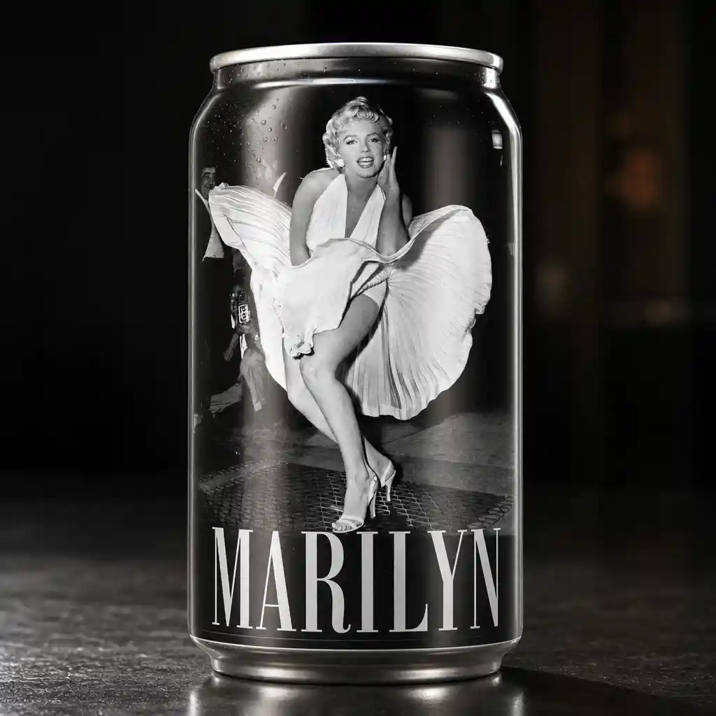 Close up soda can with Marilyn Monroe print in studio