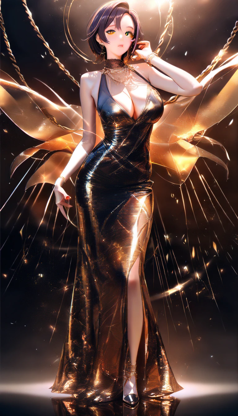 Asian woman in gold chain dress against dark sparkling backdrop