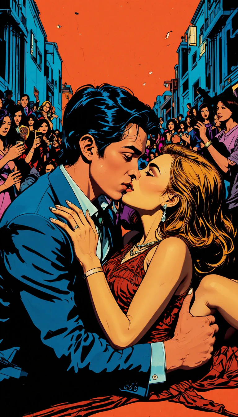 Romantic couple sharing a passionate kiss in public