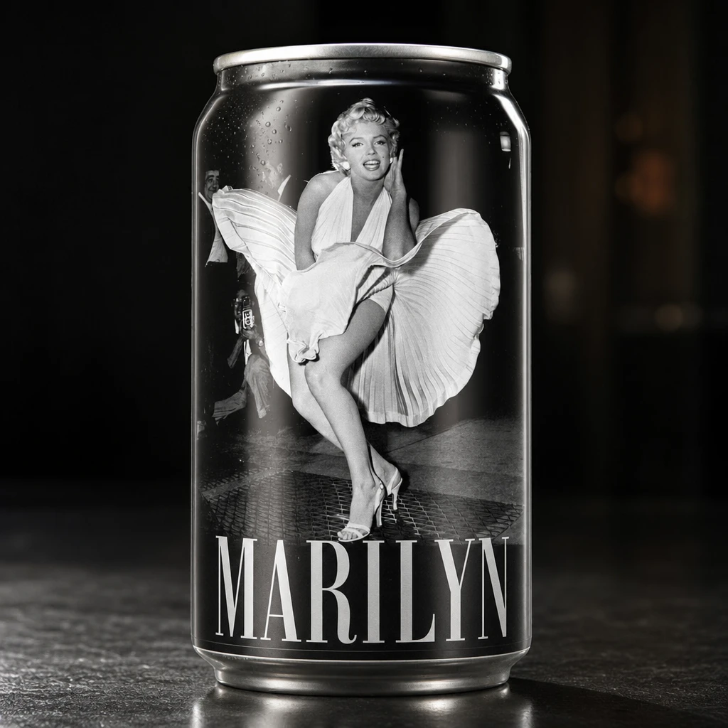 Close up soda can with Marilyn Monroe print in studio