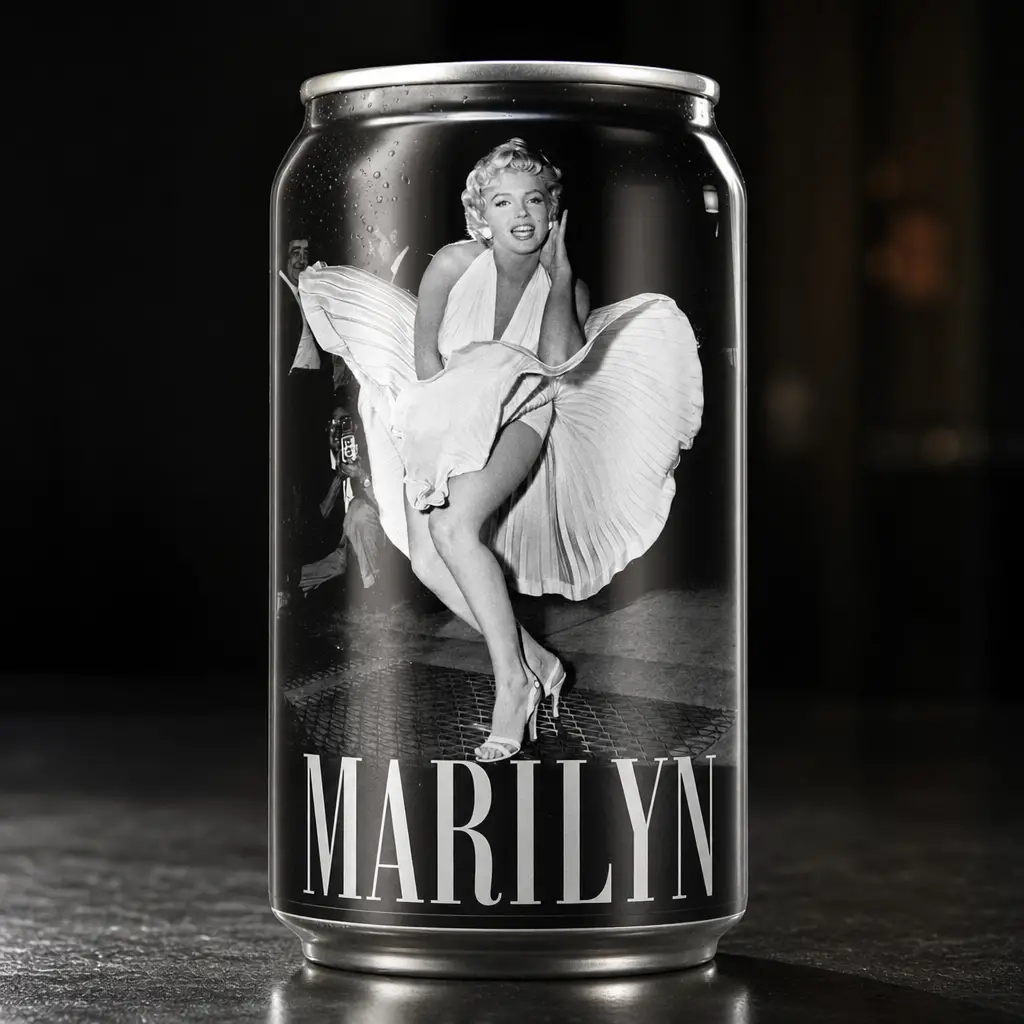 Close up soda can with Marilyn Monroe print in studio