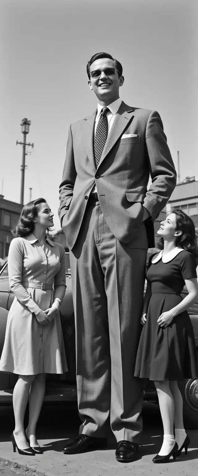 Very tall man smiling beside two women and a car