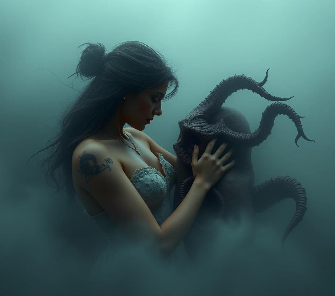 Surreal woman suspended between dream, horror and desire