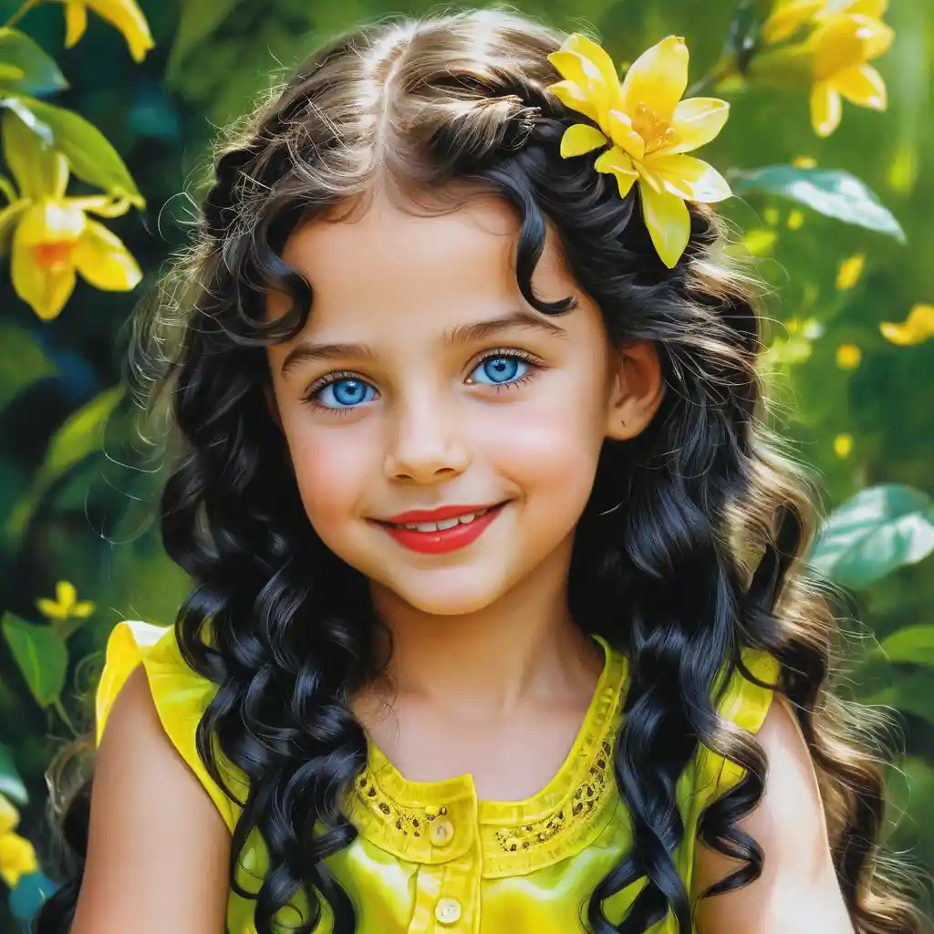 Smiling girl with long curly hair in neon yellow blouse