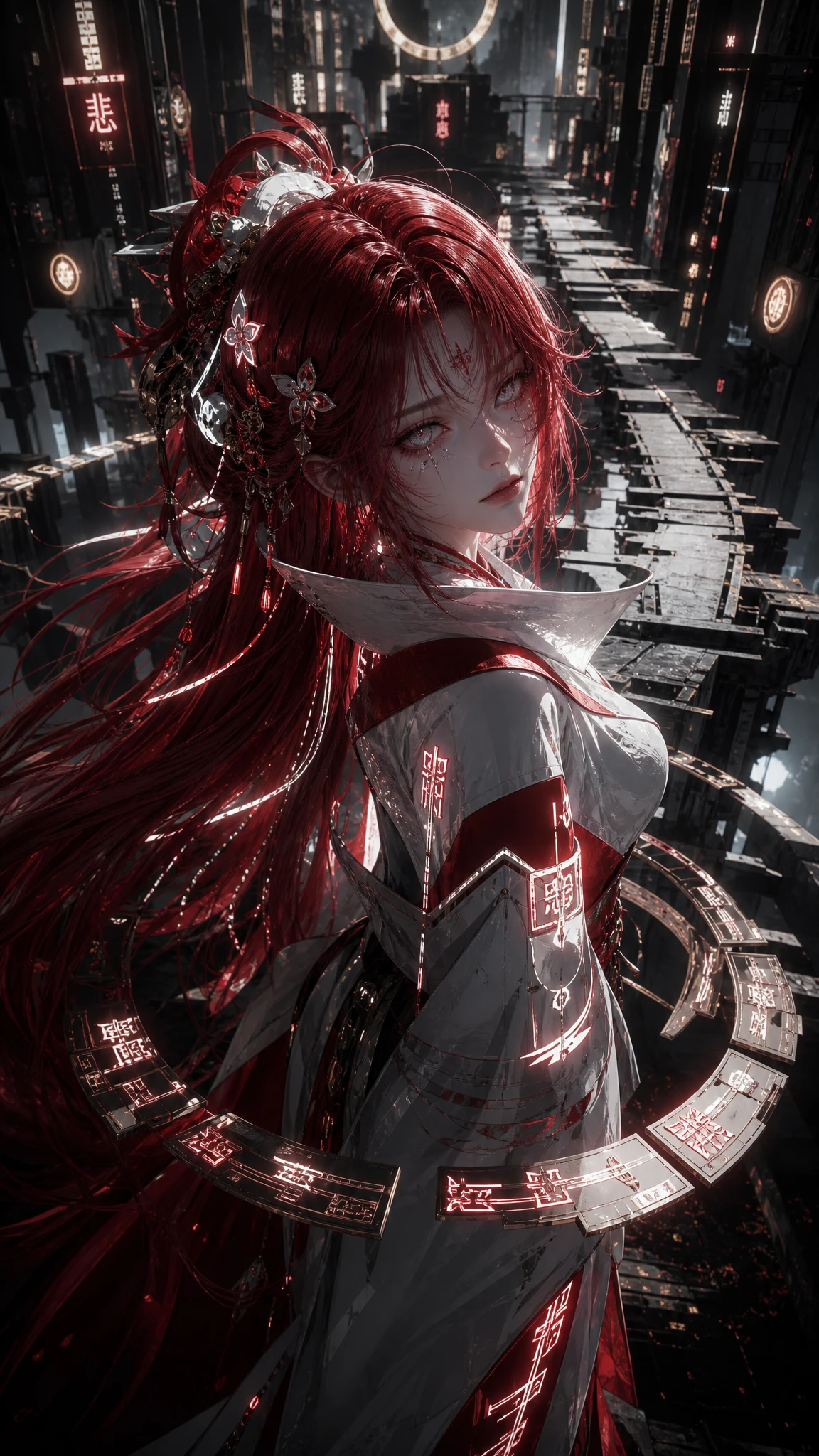 Mujer de anime cyberpunk en un camino futurista brillante