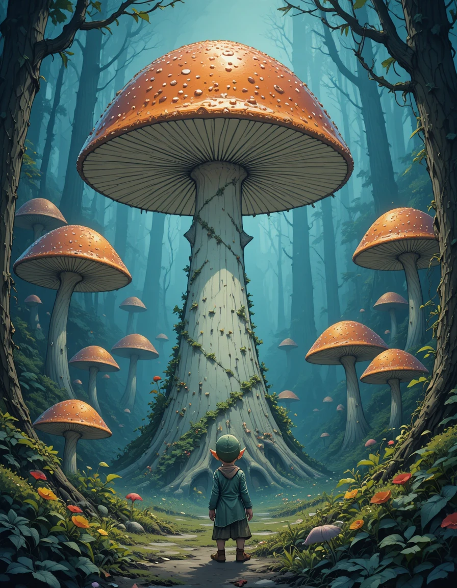 Small elf gazing up at giant forest mushroom