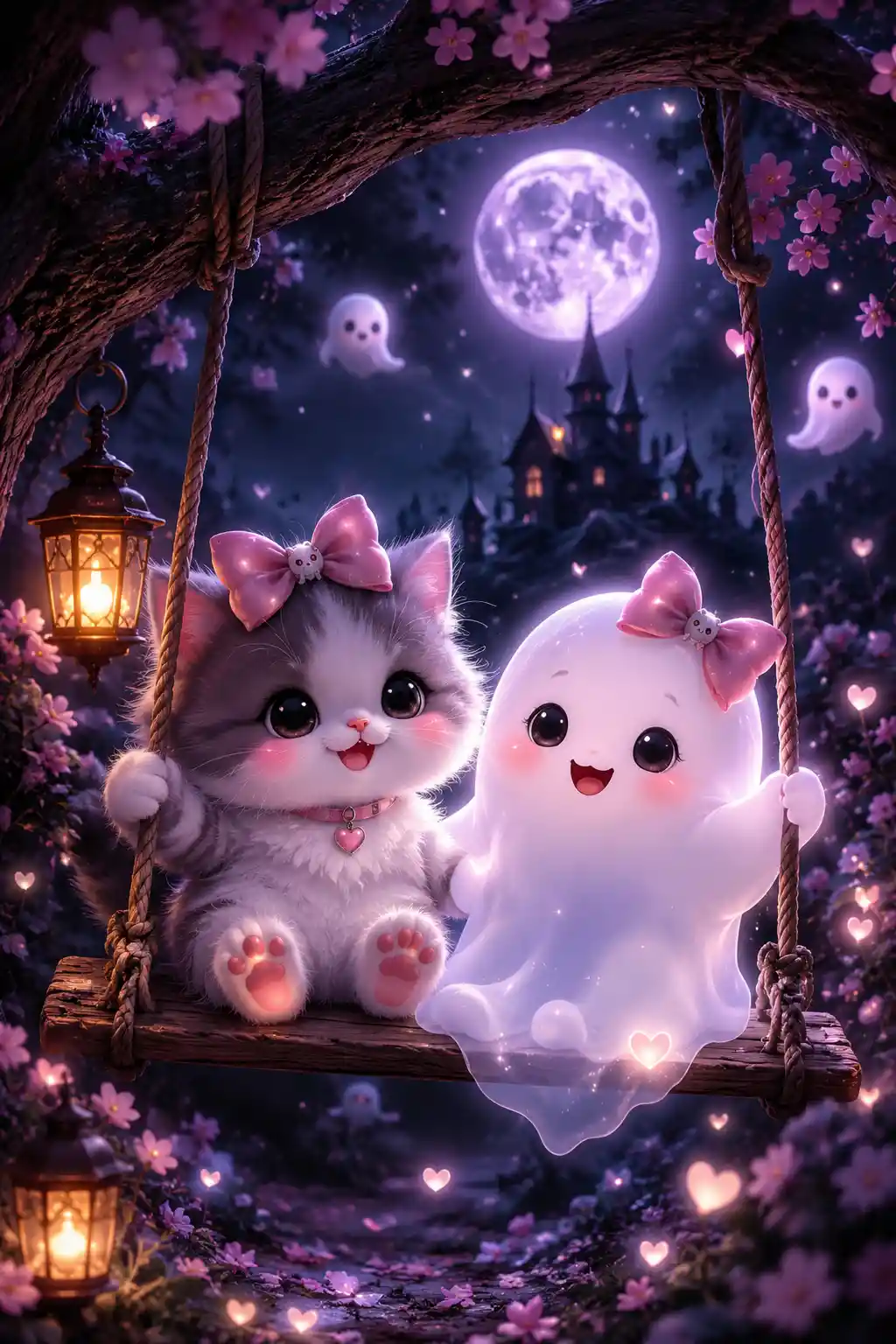 Kawaii cat and ghost friends sharing a tree swing